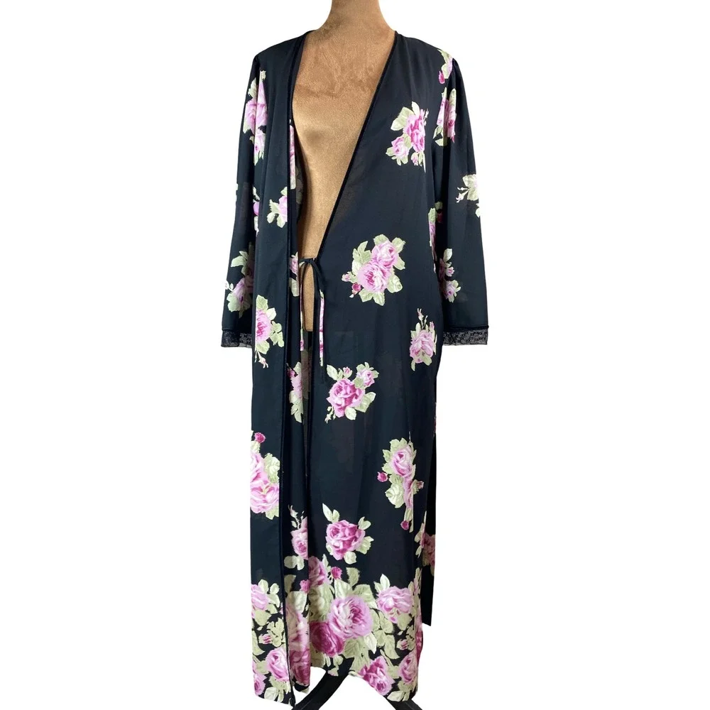 Vintage Oscar de la Renta Pink Label Floral Wrap Robe Rose Chiffon Lace Maxi M